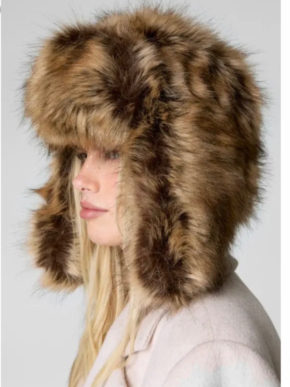 Brown Cream Faux Fur Ushanka Trapper Hat Pom Pom Winter Ski Bunny Y2K Russian